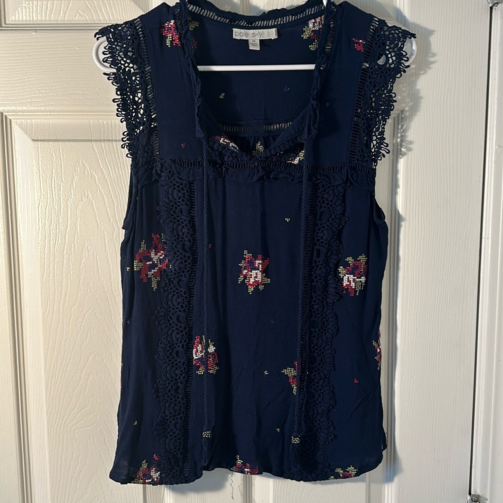 Navy floral embroidered blouse